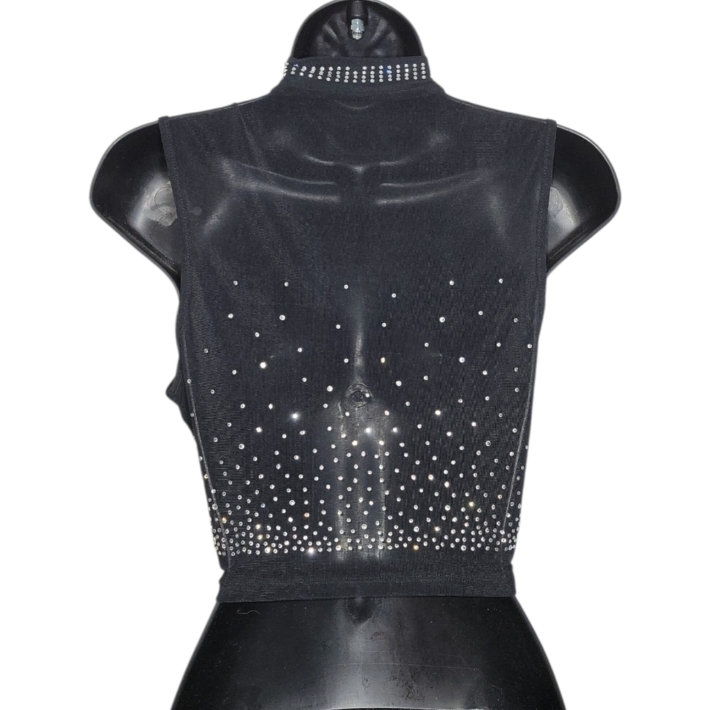🍒 SHEIN Black Rhinestone Mesh Mock Neck Crop Top M - Picture 2 of 4